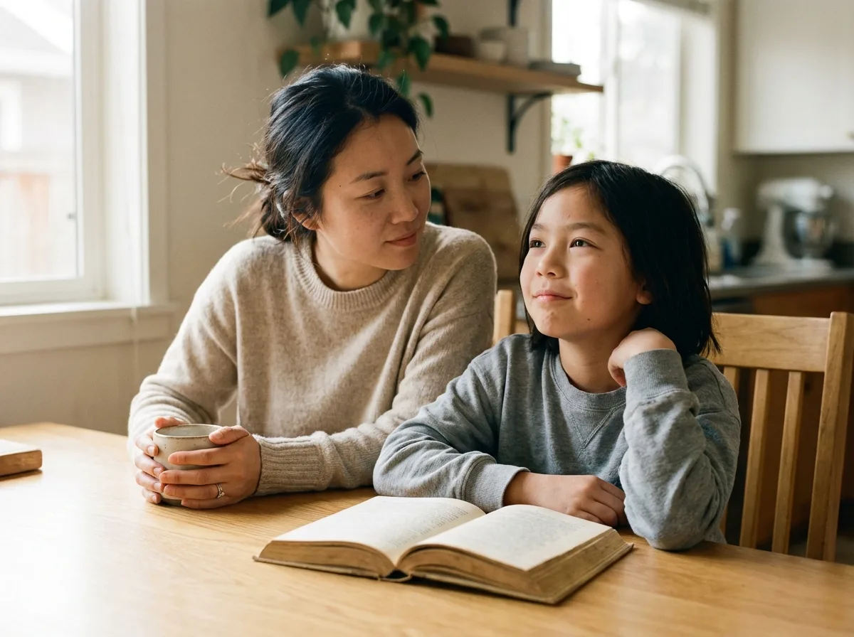 A mother watches her child pause mid-thought after finishing a reading passage at home